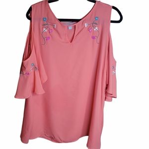 Valerie Steven's Plus Size Women's Pink Cold Shoulder Floral Embroidered Top 2X